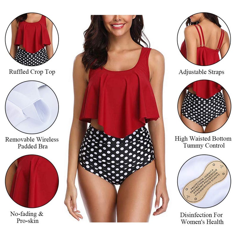Adisputent Women High Waisted Swimsuit Flounce Swimwear Racerback Vintage Two Piece Bikini(Wine Red,XL) - Image 4